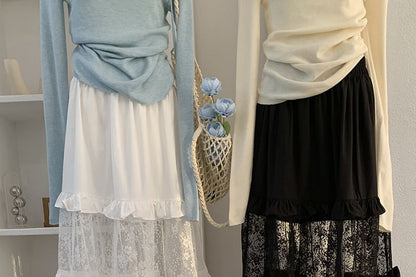 Maxi A-Line Skirt with Ruffle Trim and Lace Panel