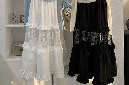 Maxi A-Line Skirt with Ruffle Trim and Lace Panel