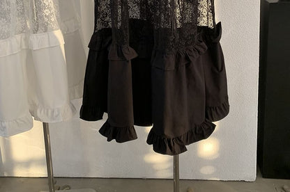 Maxi A-Line Skirt with Ruffle Trim and Lace Panel