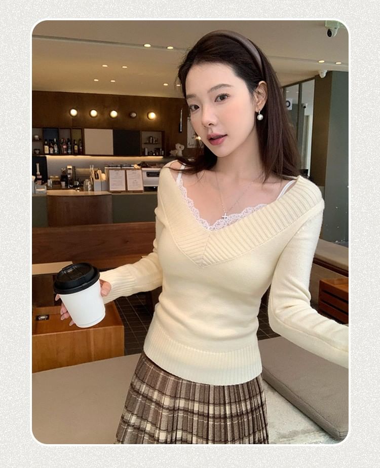V-Neck Lace Trim Sweater