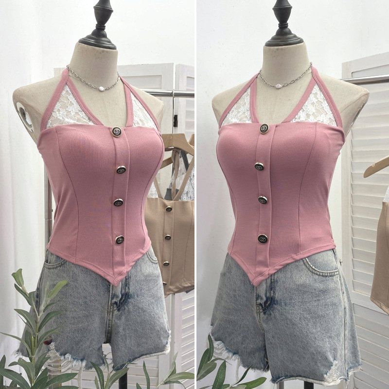 Halter Neck Lace Insert Camisole Top