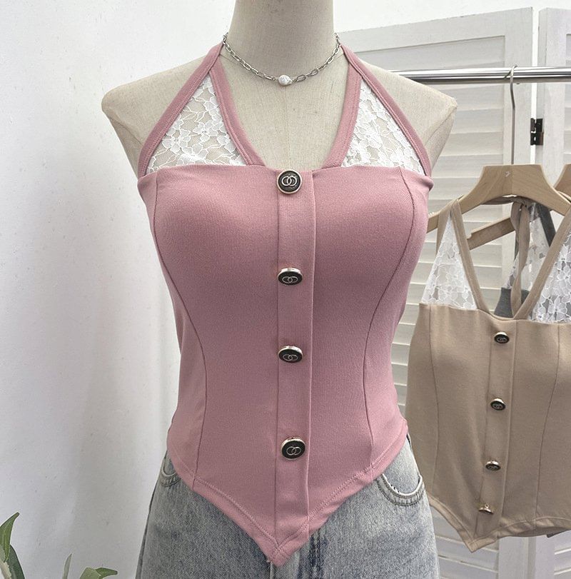Halter Neck Lace Insert Camisole Top