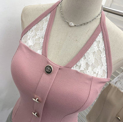 Halter Neck Lace Insert Camisole Top