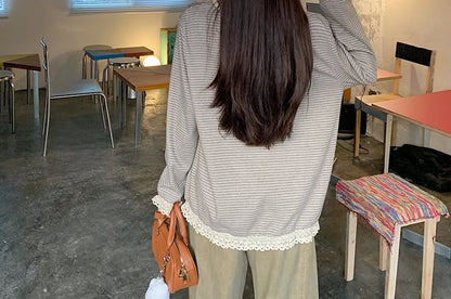 Round Neck Striped Panel Lace Top