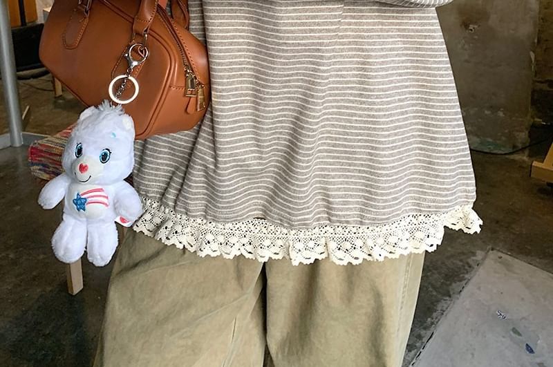 Round Neck Striped Panel Lace Top