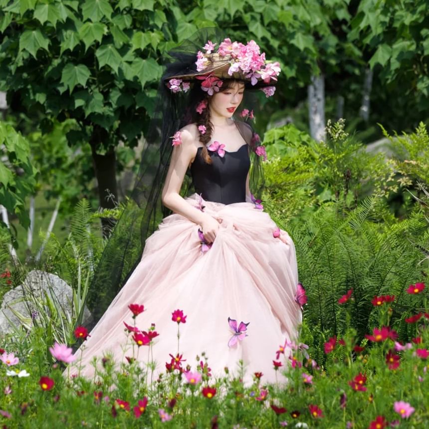 Strapless Two Tone Butterfly Accent Ball Gown