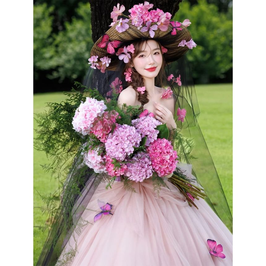 Strapless Two Tone Butterfly Accent Ball Gown