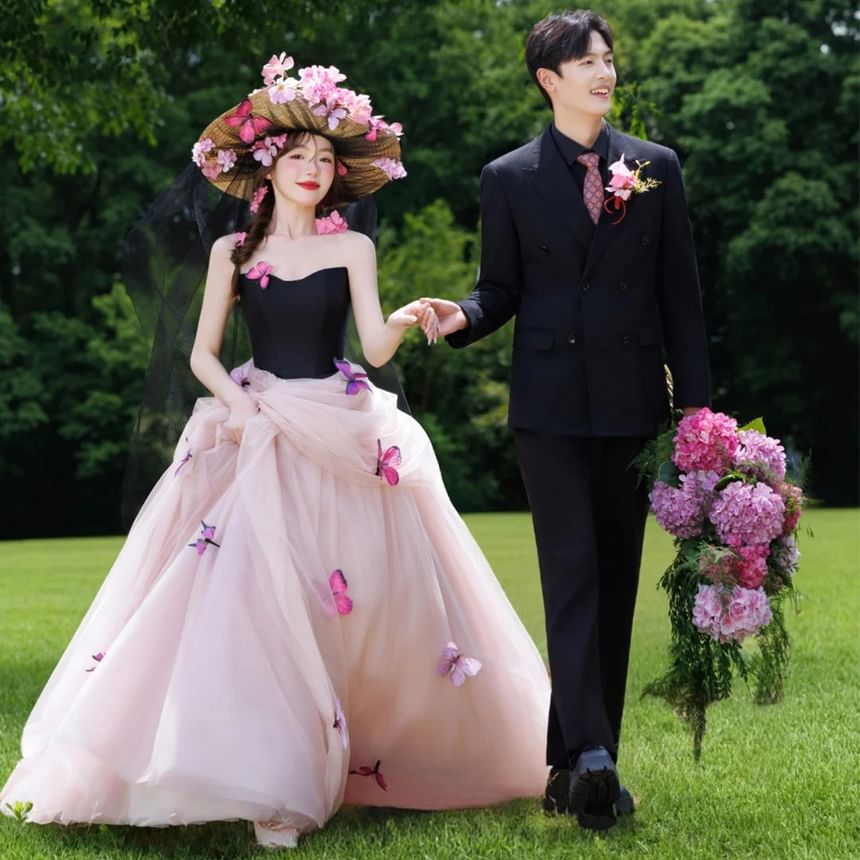 Strapless Two Tone Butterfly Accent Ball Gown