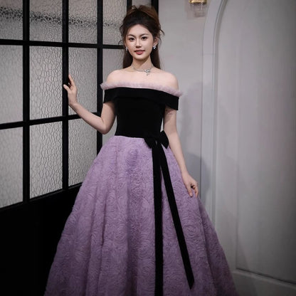 Off-Shoulder Two Tone Bow Accent Frill Trim Ball Gown