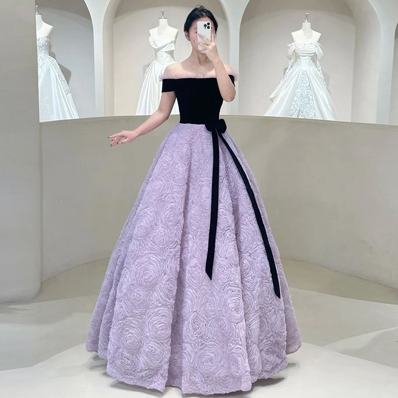 Off-Shoulder Two Tone Bow Accent Frill Trim Ball Gown