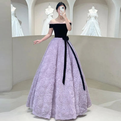 Off-Shoulder Two Tone Bow Accent Frill Trim Ball Gown