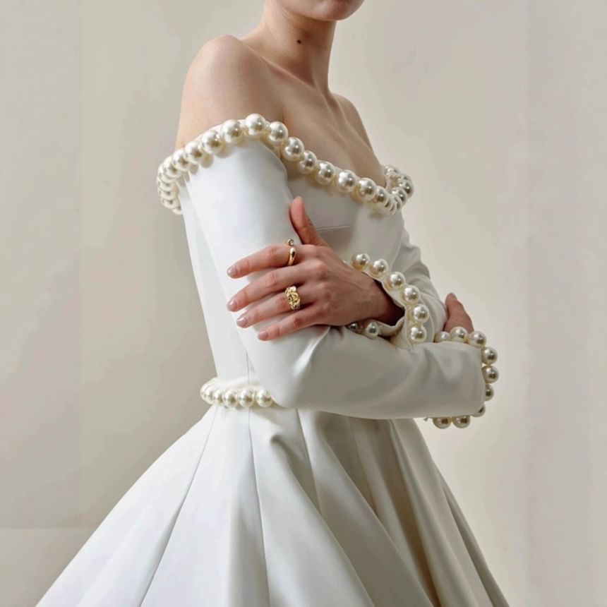 Long-Sleeve Off-Shoulder Plain Faux Pearl Accent Satin Wedding Ball Gown (Various Designs)