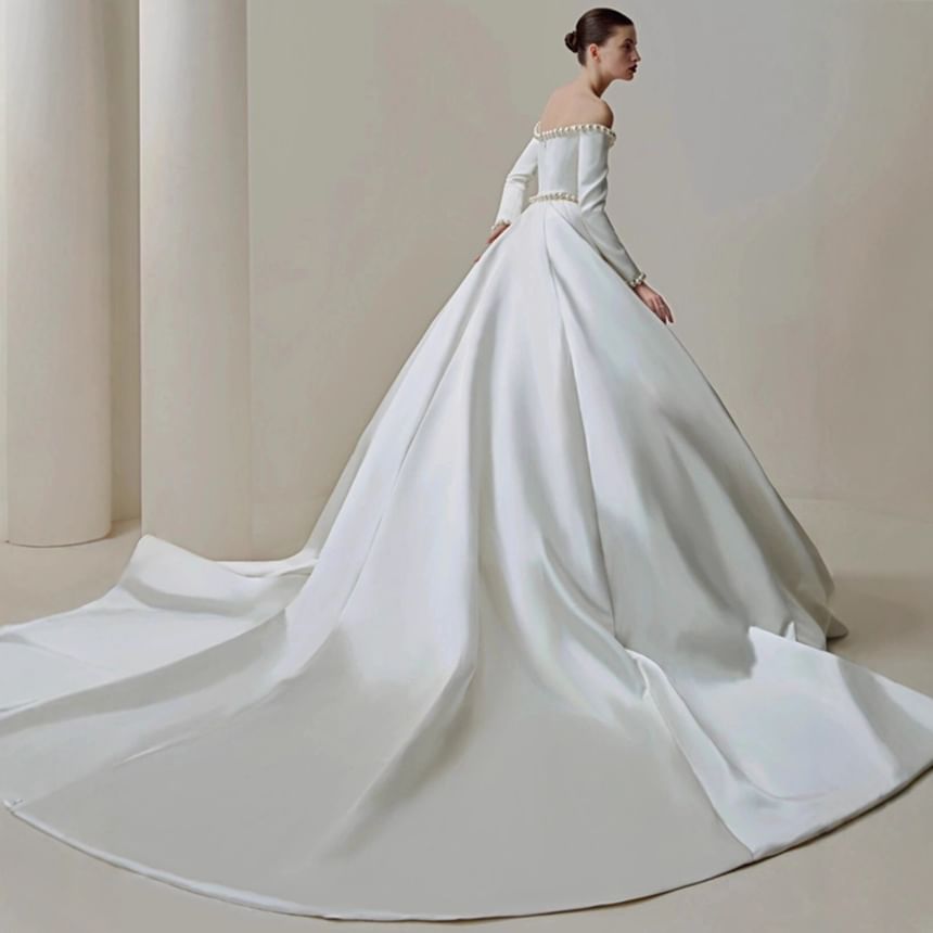 Long-Sleeve Off-Shoulder Plain Faux Pearl Accent Satin Wedding Ball Gown (Various Designs)