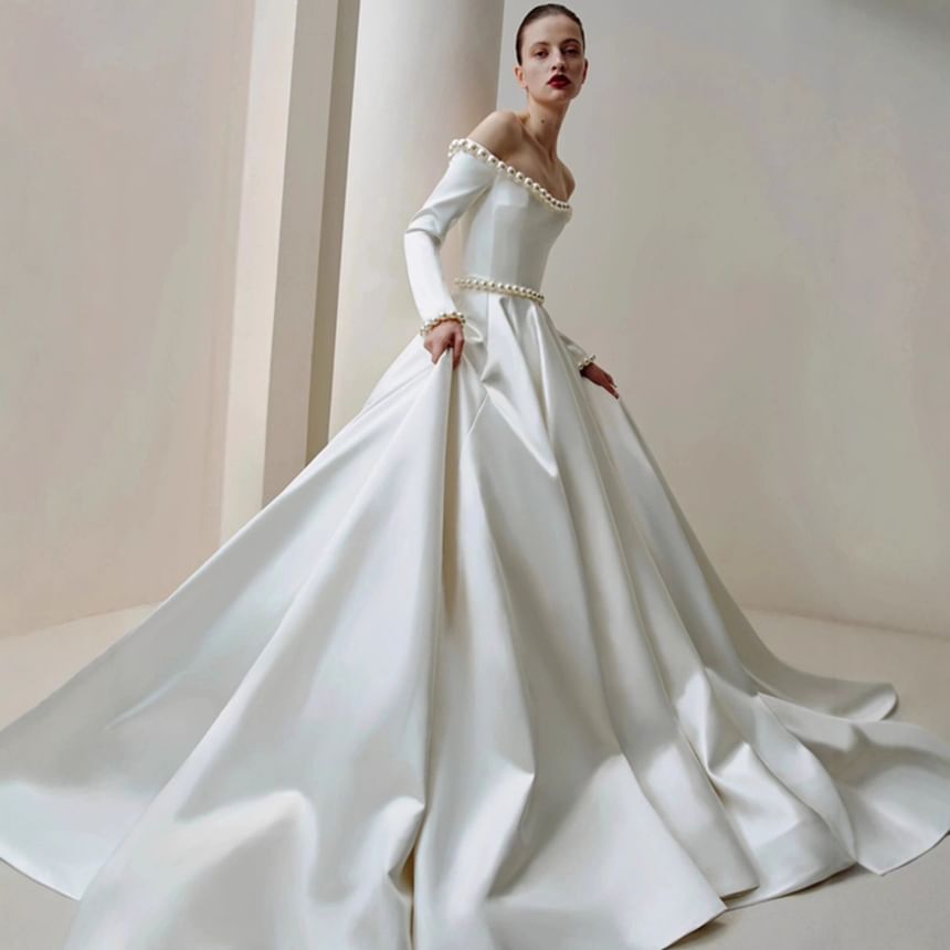 Long-Sleeve Off-Shoulder Plain Faux Pearl Accent Satin Wedding Ball Gown (Various Designs)