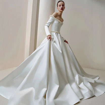 Long-Sleeve Off-Shoulder Plain Faux Pearl Accent Satin Wedding Ball Gown (Various Designs)