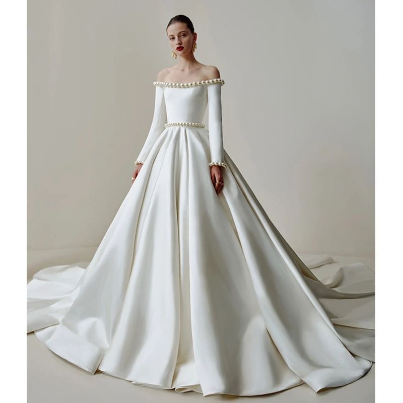 Long-Sleeve Off-Shoulder Plain Faux Pearl Accent Satin Wedding Ball Gown (Various Designs)