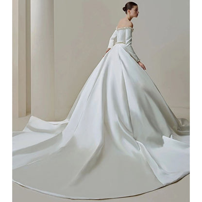 Long-Sleeve Off-Shoulder Plain Faux Pearl Accent Satin Wedding Ball Gown (Various Designs)