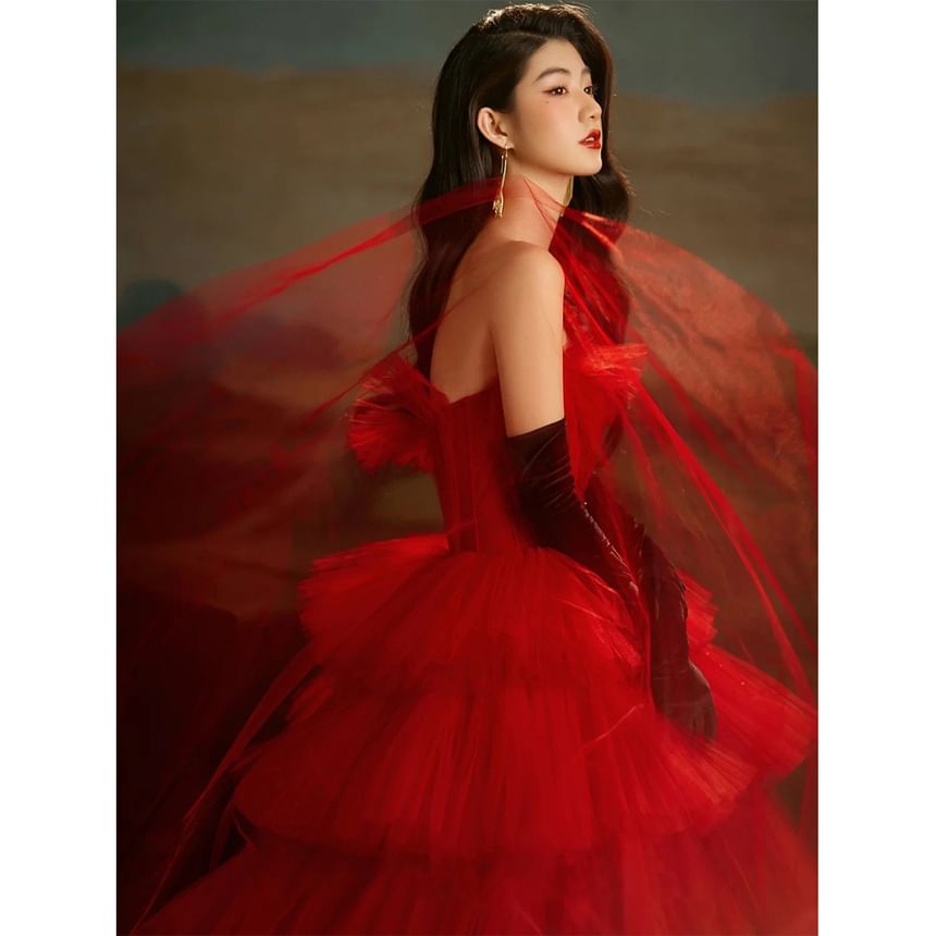 Strapless Plain Ruffle Tiered Trained Ball Gown