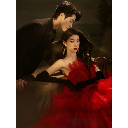 Strapless Plain Ruffle Tiered Trained Ball Gown