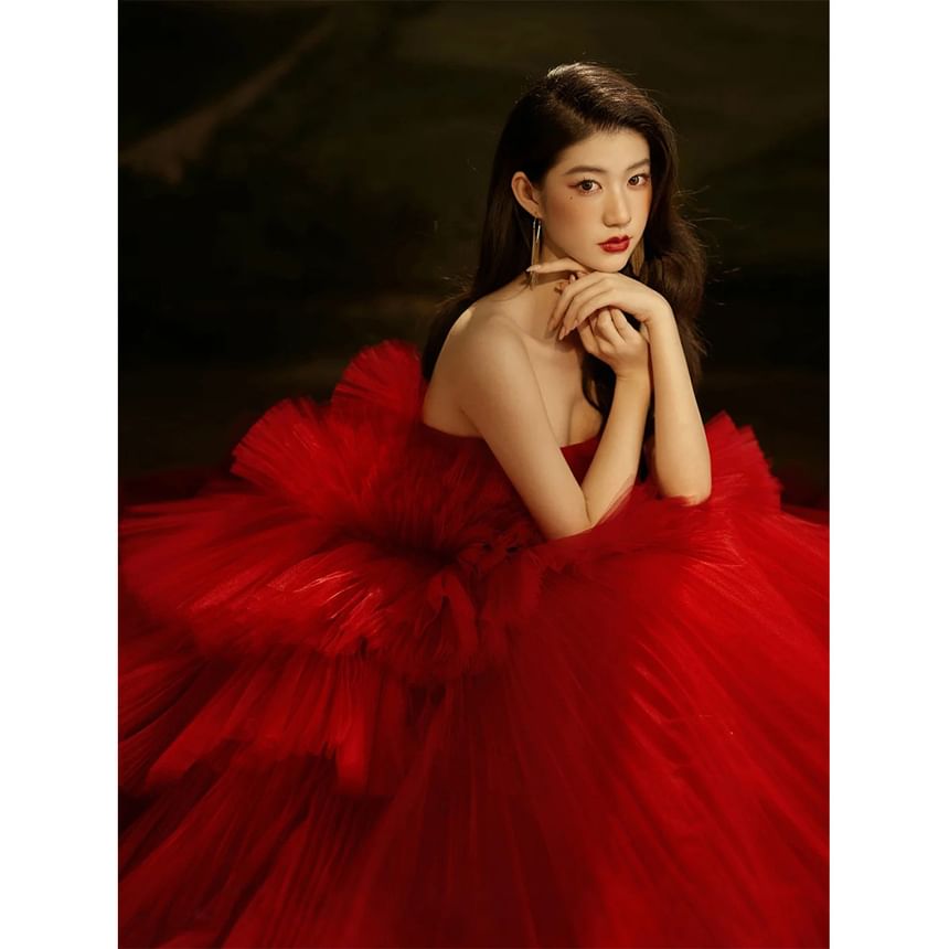 Strapless Plain Ruffle Tiered Trained Ball Gown