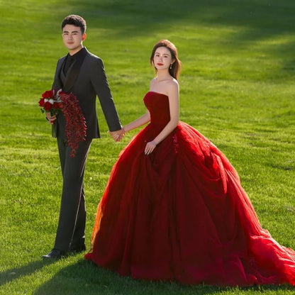 Strapless Plain Ruffle Tiered Trained Ball Gown