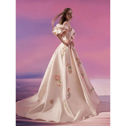 Set: Strapless Floral Embroidered Trained Satin Ball Gown + Arm Sleeves