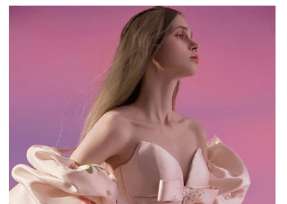 Set: Strapless Floral Embroidered Trained Satin Ball Gown + Arm Sleeves