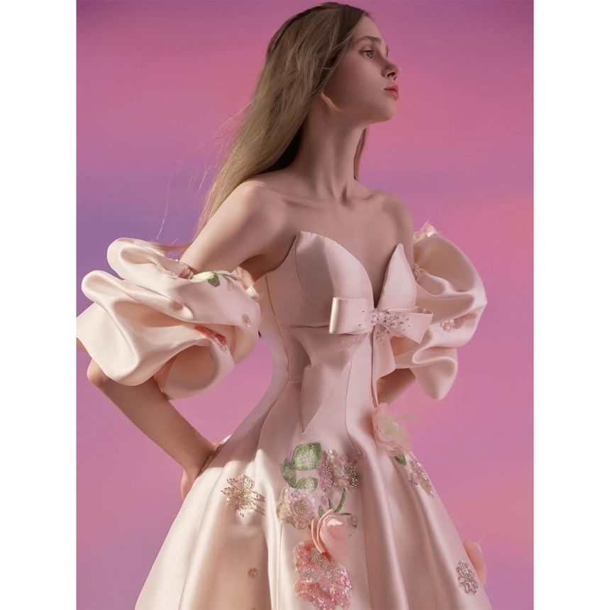 Set: Strapless Floral Embroidered Trained Satin Ball Gown + Arm Sleeves