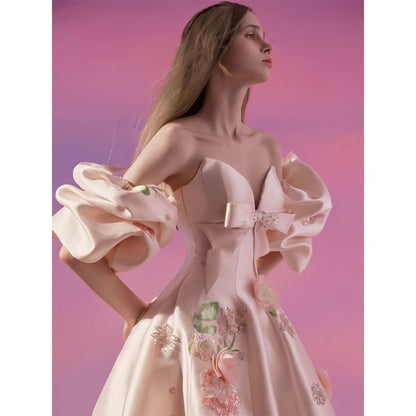 Set: Strapless Floral Embroidered Trained Satin Ball Gown + Arm Sleeves