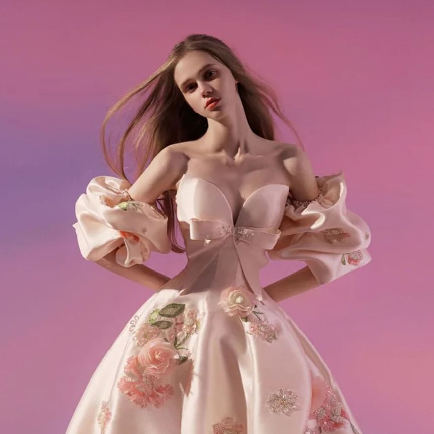 Set: Strapless Floral Embroidered Trained Satin Ball Gown + Arm Sleeves