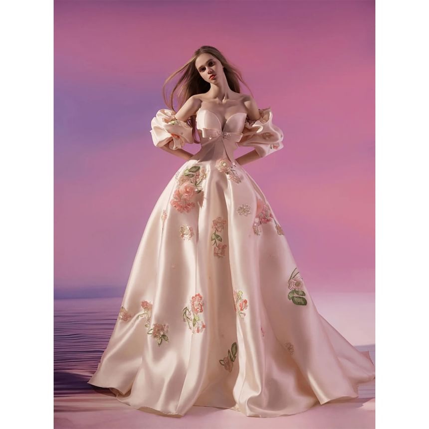 Set: Strapless Floral Embroidered Trained Satin Ball Gown + Arm Sleeves
