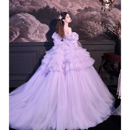 Off-Shoulder Flower Accent Ruffle Tiered Ball Gown