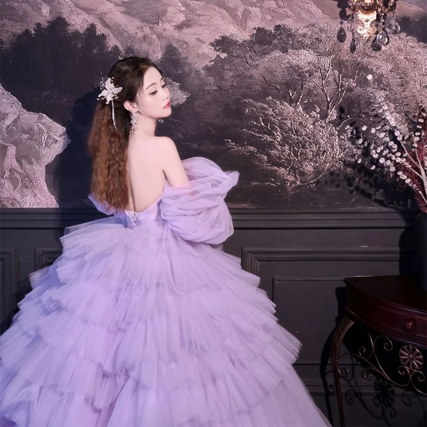 Off-Shoulder Flower Accent Ruffle Tiered Ball Gown