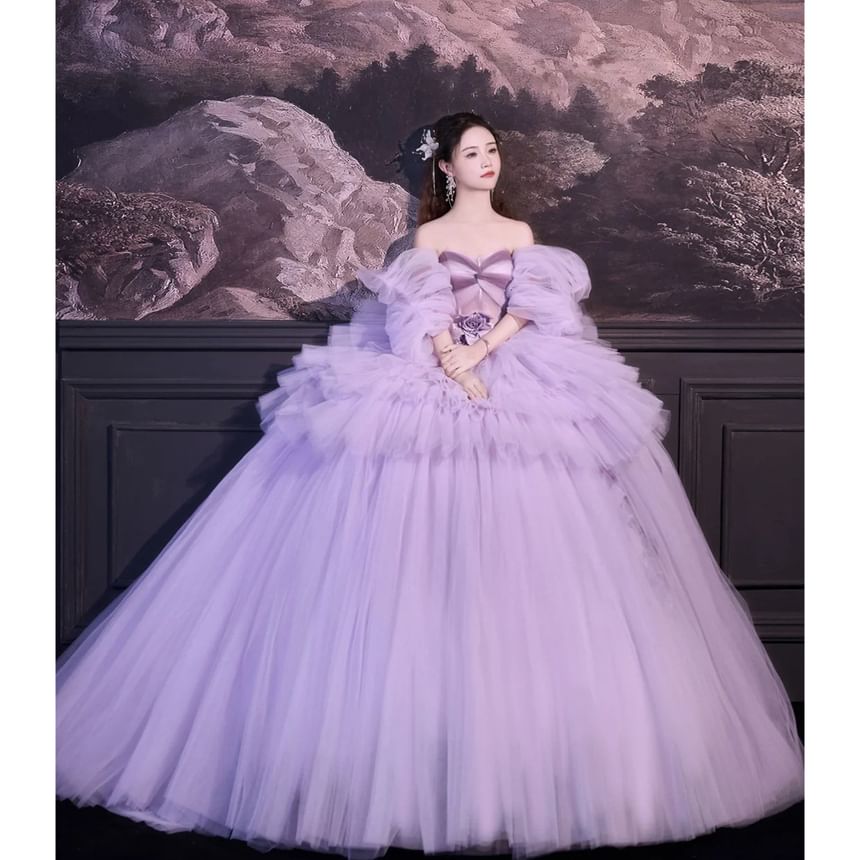 Off-Shoulder Flower Accent Ruffle Tiered Ball Gown