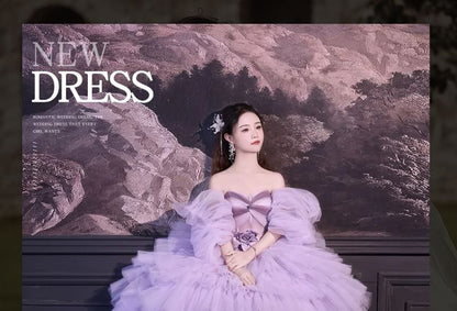 Off-Shoulder Flower Accent Ruffle Tiered Ball Gown