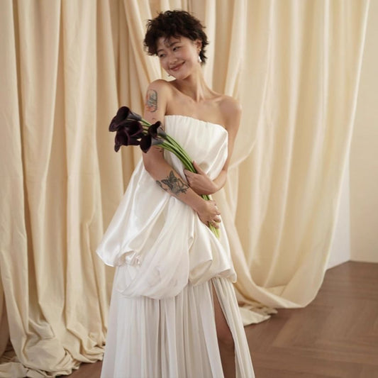 Strapless Plain Ruched Slit A-Line Wedding Gown