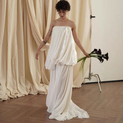 Strapless Plain Ruched Slit A-Line Wedding Gown