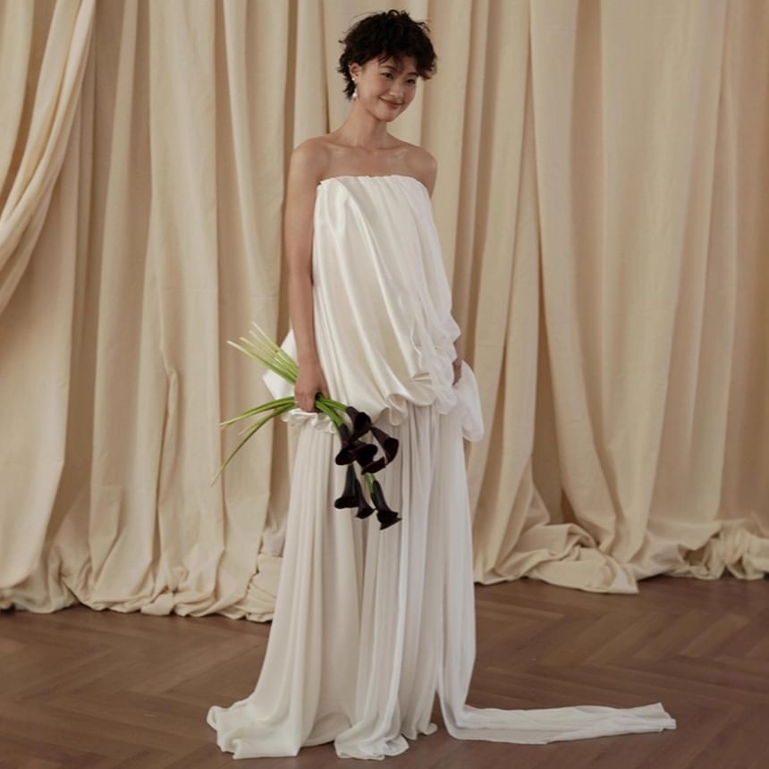 Strapless Plain Ruched Slit A-Line Wedding Gown