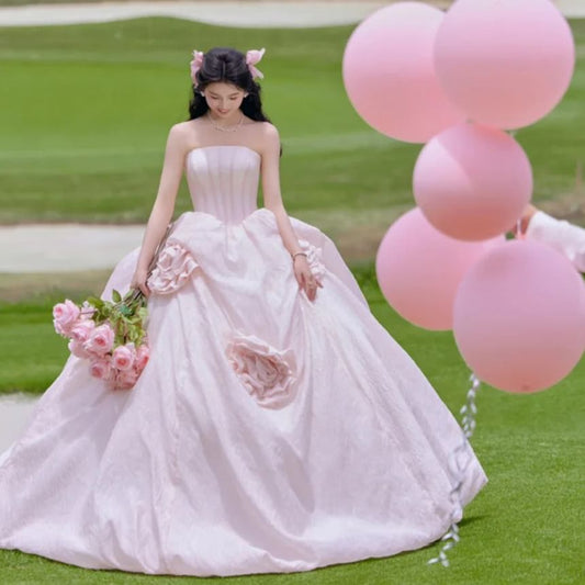 Strapless Plain Flower Accent Ball Gown