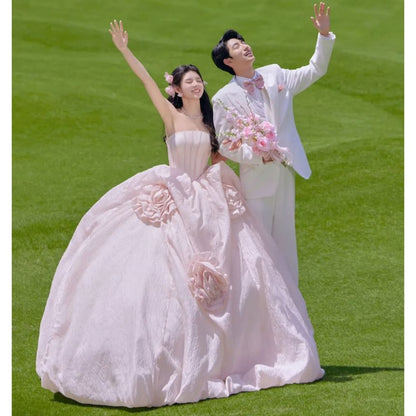 Strapless Plain Flower Accent Ball Gown