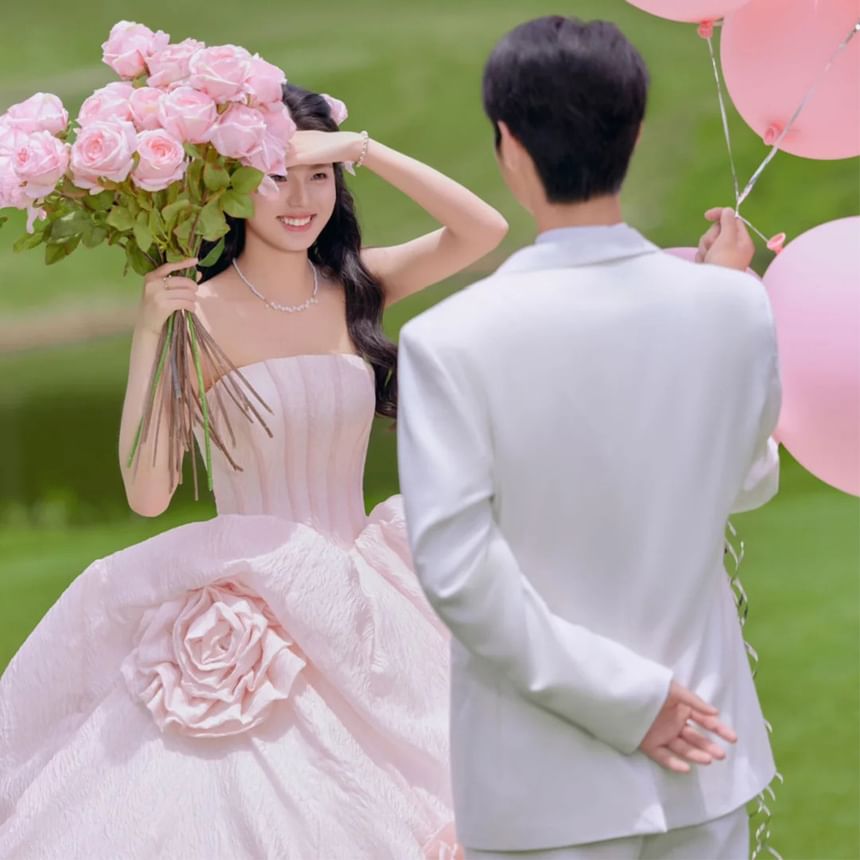 Strapless Plain Flower Accent Ball Gown