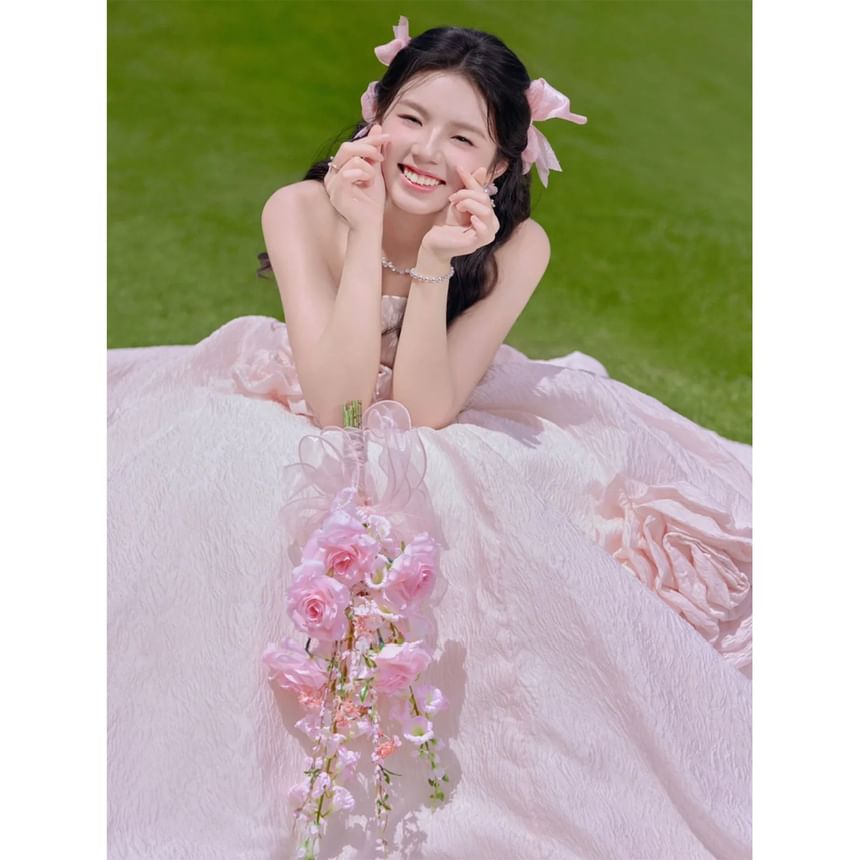 Strapless Plain Flower Accent Ball Gown