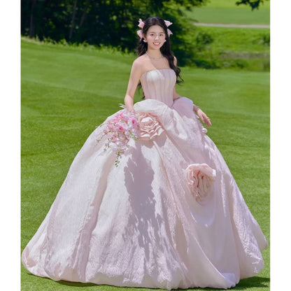 Strapless Plain Flower Accent Ball Gown