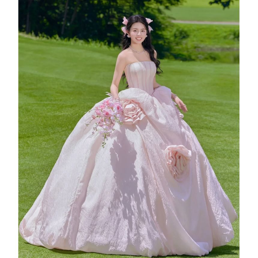 Strapless Plain Flower Accent Ball Gown