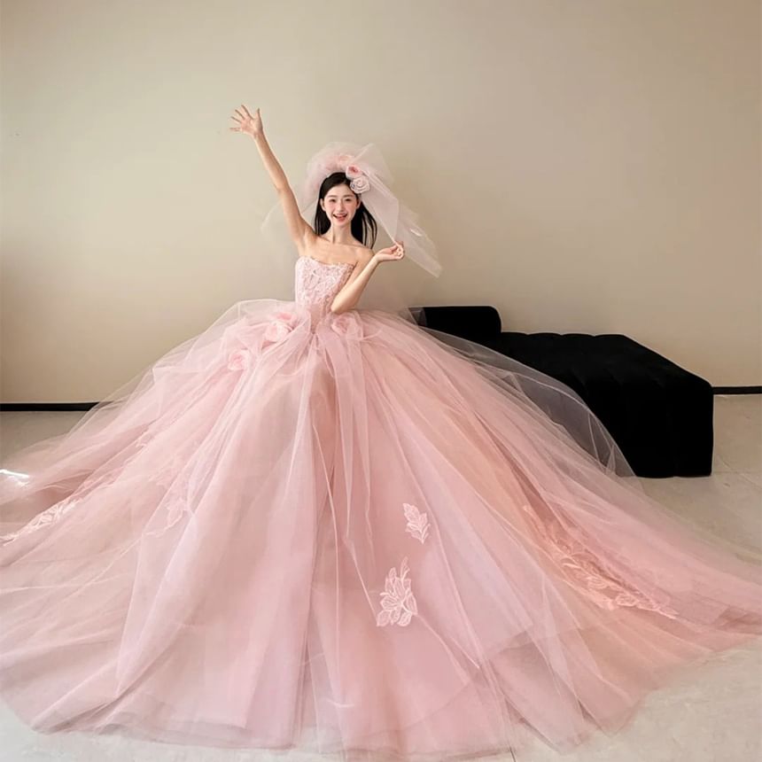 Strapless Floral Embroidered Ball Gown