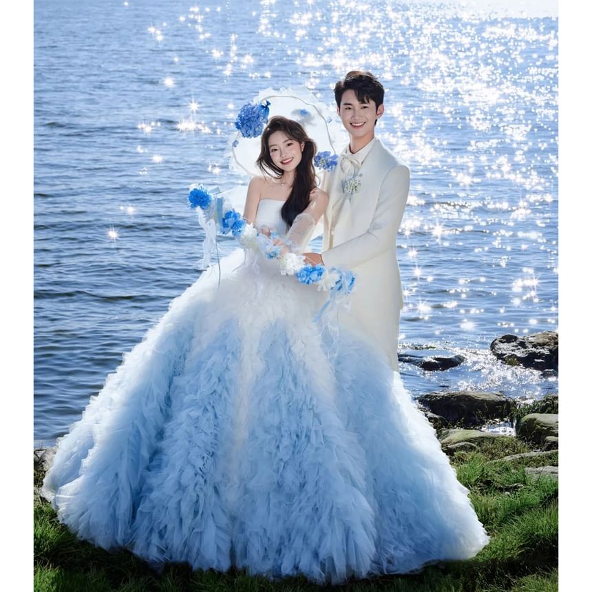 Strapless Gradient Ruffle Ball Gown