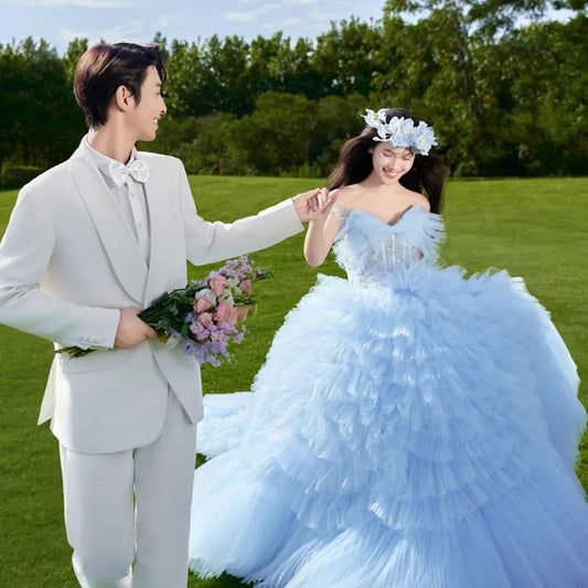 Strapless Ruffle Tiered Trained Ball Gown