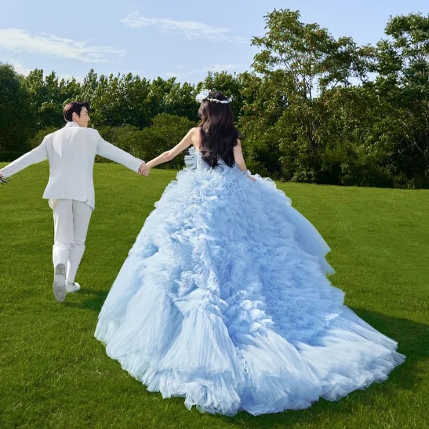 Strapless Ruffle Tiered Trained Ball Gown