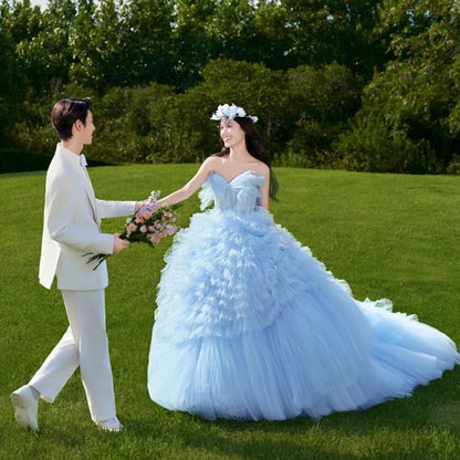 Strapless Ruffle Tiered Trained Ball Gown