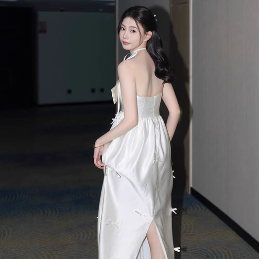 Strapless Plain Bow Accent Slit Satin A-Line Wedding Dress